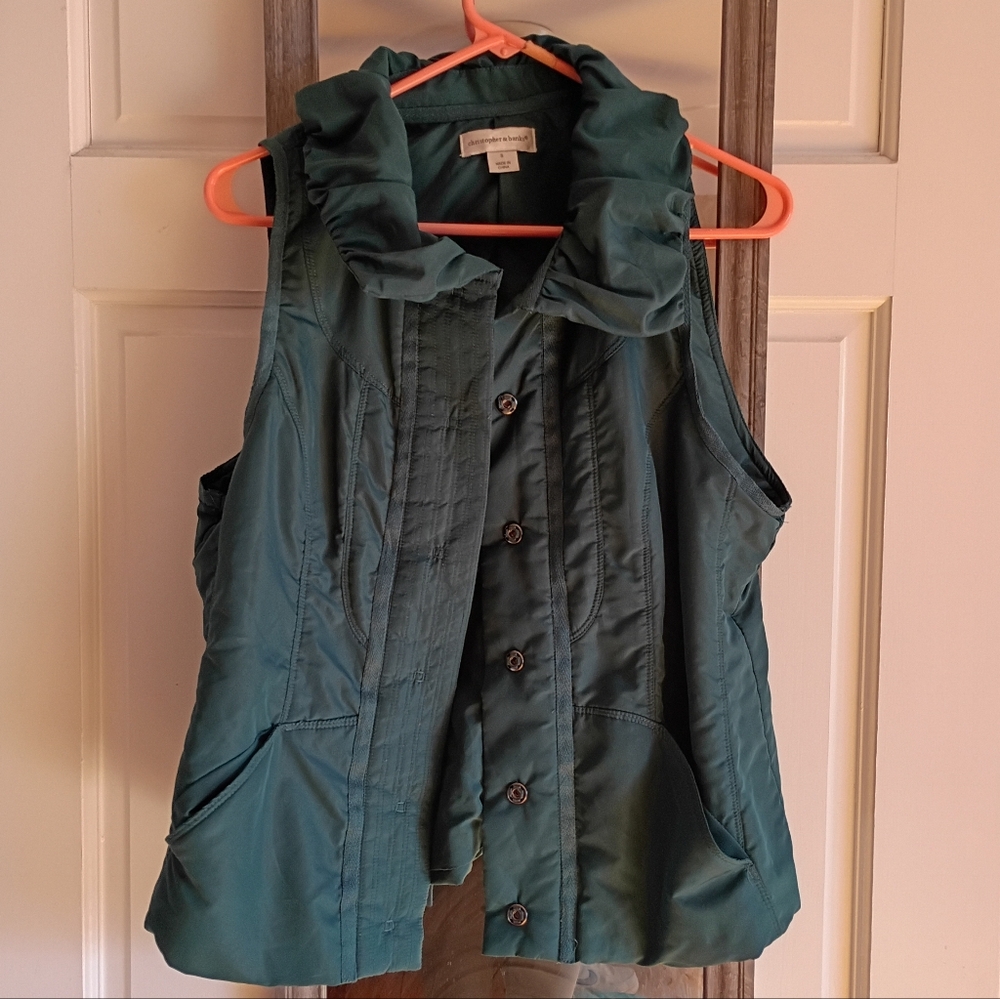 Christopher & Banks Women's Green Sleeveless Vest Ruffle Collar Pockets Size S